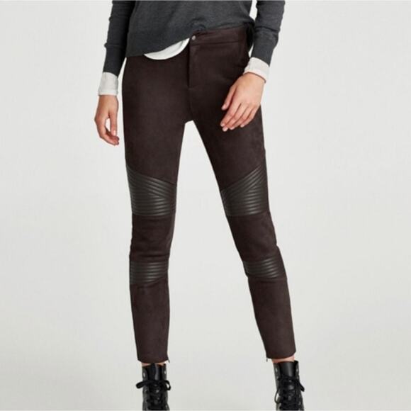 Zara Basic NEW Brown Vegan Suede Leather Moto Patches Zip Ankle Knitted Pants L - Picture 1 of 8